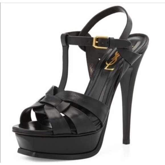 New In Box SAINT LAURENT Tribute 75 mm Black Leather Woven Platform Sandal 10 - Picture 1 of 16